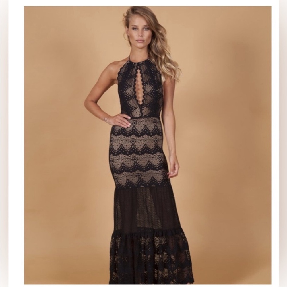 Nightcap Elegant Black and Tan Lace Maxi Dress